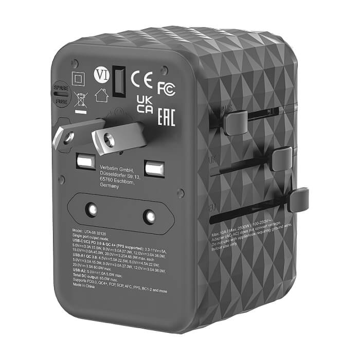 Verbatim UTA-05 GaN III Universal Travel Adapter with 2 x USB-C PD 65W & QC 4+ / 2 x USB-A (тъмнейл - 3)