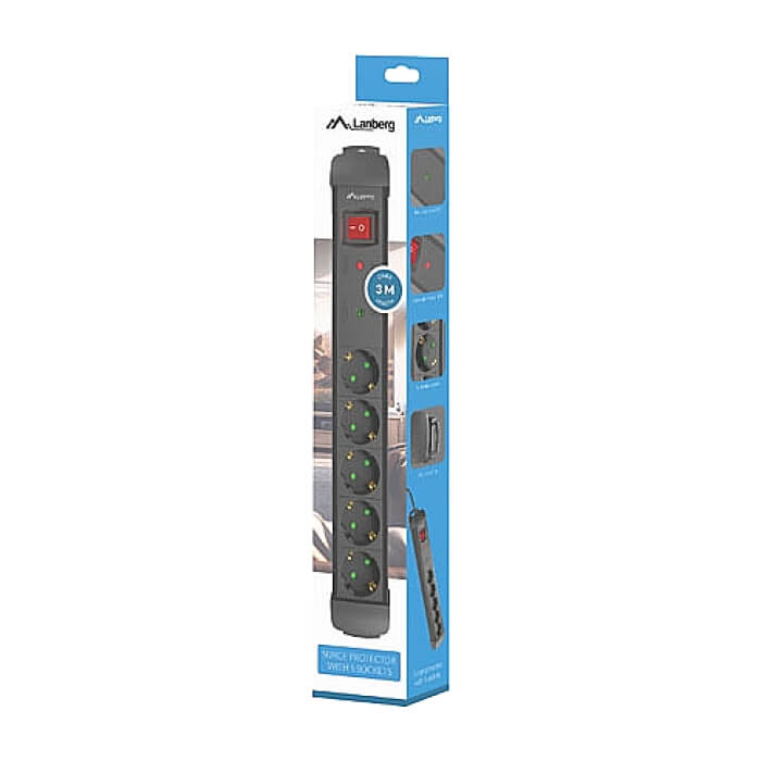 Lanberg surge protector sp1 3m 5x schuko outlets black (тъмнейл - 3)
