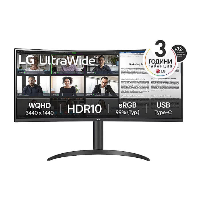 LG 34WR55QK-B 34" UltraWide AG , Curved 21:9 VA Panel, 5ms, 3000:1, 300 cd/m2, WQHD 3440x1440, HDR10, sRGB 99% , USB type-C 65W , 100Hz, HDMI, DisplayPort, PBP, Height Adjustable, Tilt, Reader Mode, Headphone Out, Black ID 82351