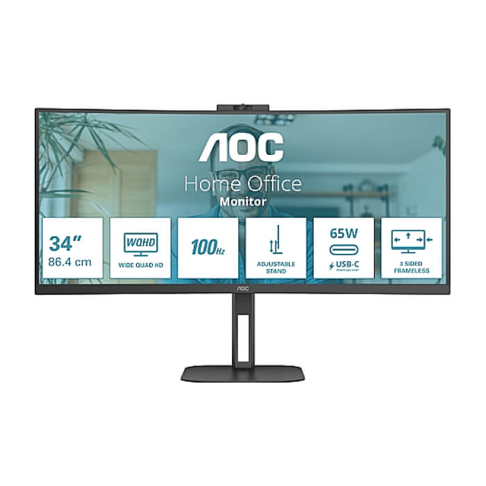AOC CU34V5C/BK, 34" Curved 1500R VA WLED, 3440x1440@100Hz, 4ms GtG, 1ms MPRT, 300cd m/2, 3000:1, 20M:1 DCR, Adaptive Sync, FlickerFree, Low Blue Light, 5Wx2, Tilt, Height Adjust, Swivel, HDMI, DP, USB hub ID 85255 (тъмнейл - 2)