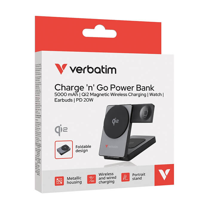 Verbatim Foldable 3-in-1 Qi2 Magnetic Wireless Power Bank 5000 mAh Grey ID 99021 (тъмнейл - 3)