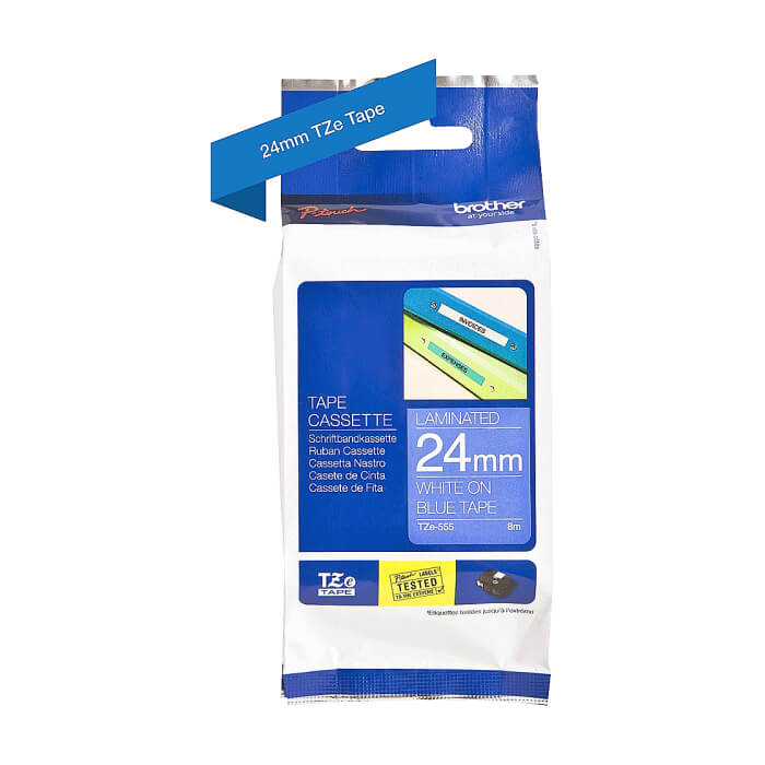 Brother TZe-555 Labelling Tape Cassette – White On Blue, 24mm wide ID 70674 (тъмнейл - 2)