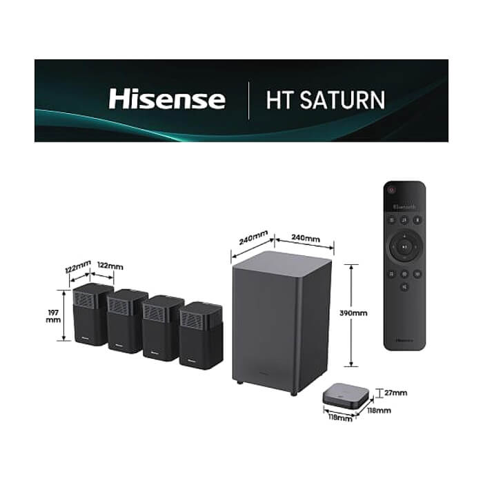 Hisense HT Saturn, 4.1.2Ch Sound Bar with Wireless Subwoofer, 720W, Dolby Atmos, Tuned by Devialet , DTS:X,Quad Satellite Speakers , Black (тъмнейл - 2)