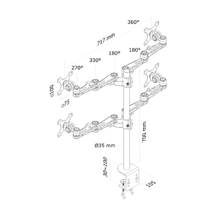 Neomounts by NewStar Flat Screen Desk Mount (clamp) for 4 Monitor Screens ID 66788 (тъмнейл - 3)