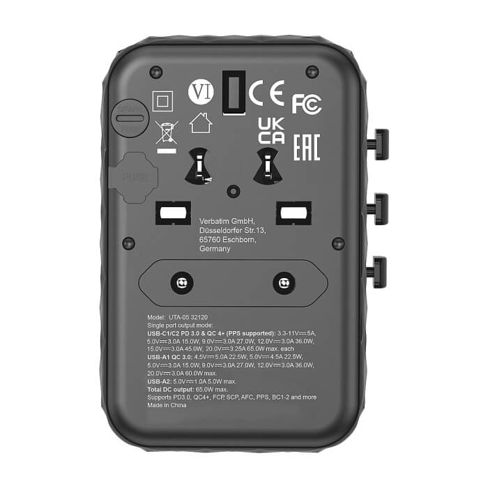 Verbatim UTA-05 GaN III Universal Travel Adapter with 2 x USB-C PD 65W & QC 4+ / 2 x USB-A (тъмнейл - 2)
