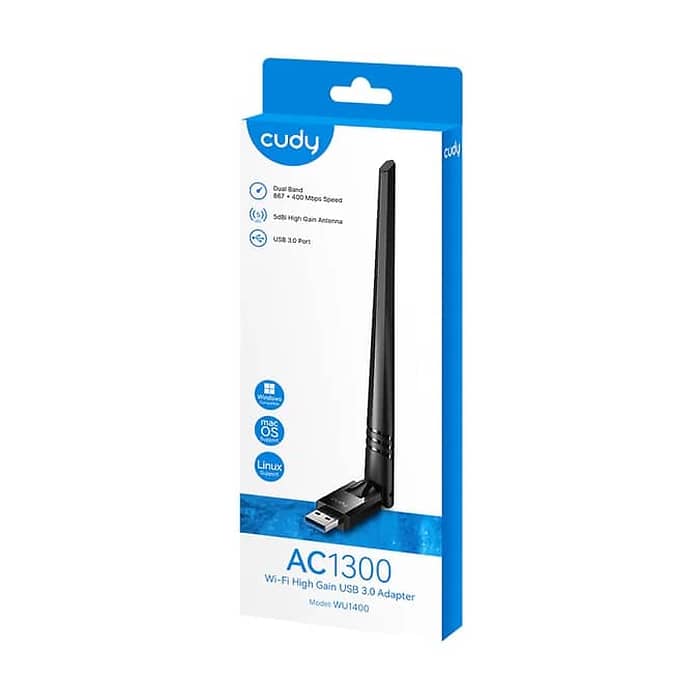 Cudy WU1400 Wi-Fi High Gain USB 3.0 Adapter AC1300 1300Mbps, 867Mbps at 5GHz + 400Mbps at 2.4GHz, 1 high gain detachable antenna, USB 3.0 (тъмнейл - 2)