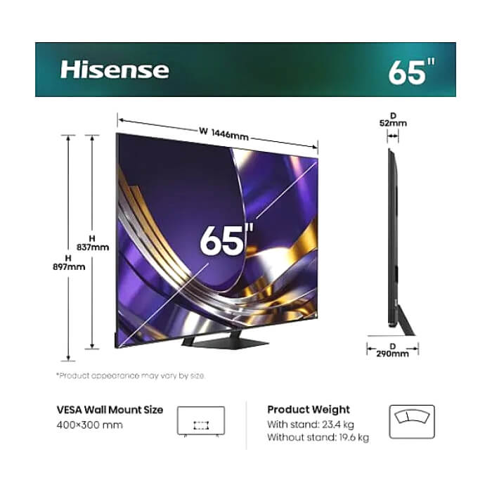 Hisense 65"U7S Pro, 4K Ultra HD 3840x2160, ULED, FALD, Quantum Dot, 165Hz, IPS, HDR 10+, HLG, Dolby Vision IQ, Dolby Atmos, Smart TV, WiFi 5GHz, WiFi Direct, BT, Anyview Cast, ID 97351 (тъмнейл - 2)