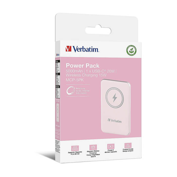 Verbatim MCP-5PK Power Pack 5000 mAh with UBS-C® PD 20W / Magnetic Wireless Charging 15W Pink ID 75116 (тъмнейл - 4)