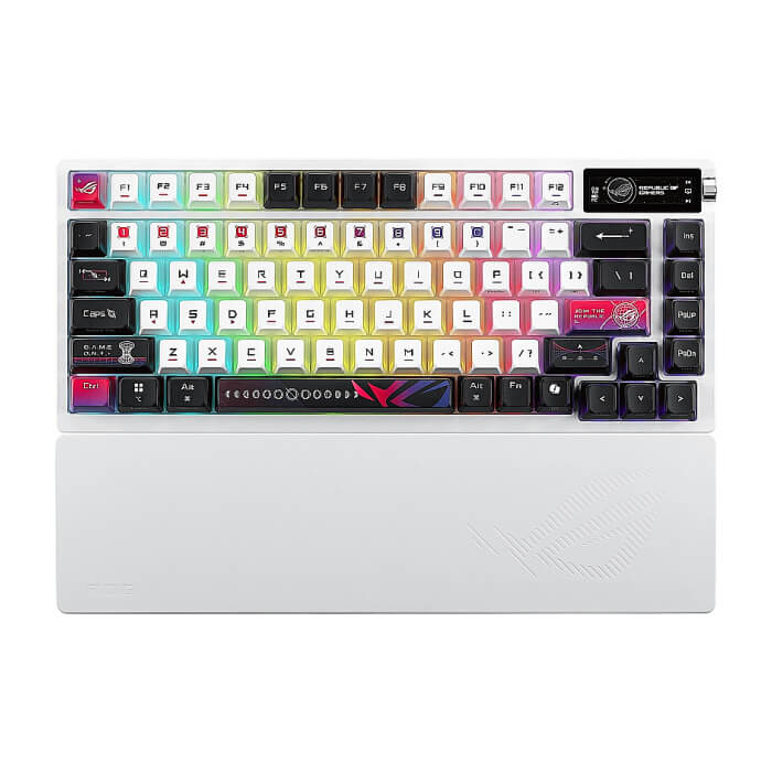 Asus ROG Azoth X 75% custom gaming keyboard, ROG NX Snow V2, dye-sub and semi-translucent keycaps, gasket mount, five-layer dampening, FR4 plate, south-facing PCB, OLED display &a на супер цена от GT Computers Asus ROG Azoth X 75% custom gaming keyboard, ROG NX Snow V2, dye-sub and semi-translucent keycaps, gasket mount, five-layer dampening, FR4 plate, south-facing PCB, OLED display &a на супер цена