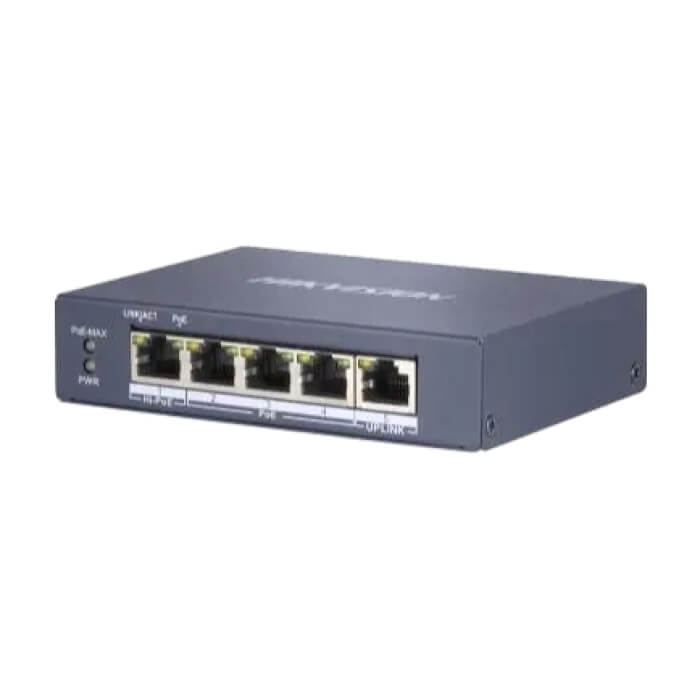 HikVision 4 Port Gigabit Unmanaged POE Switch, 3 x Gigabit PoE port, 1 x Gigabit Hi-PoE port and 1 x Gigabit RJ45 port, Total PoE Power Budget 60W, Up to 300 m Long Range PoE Trans на супер цена