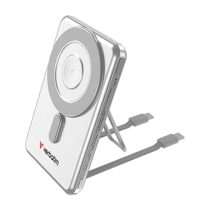 Verbatim Charge 'n' Go 2C Power Bank Magnetic Wireless 5000mAh with 2 USB-C Cables & Stand Silver ID 97026 (тъмнейл - 2)