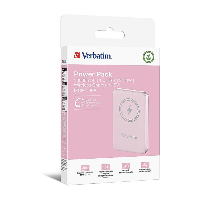 Verbatim MCP-10PK Power Pack 10000 mAh with UBS-C® PD 20W / Magnetic Wireless Charging 15W Pink ID 75111 (тъмнейл - 4)