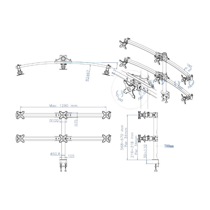 Neomounts by NewStar Flat Screen Desk Mount (clamp) for 6 Monitor Screens ID 66817 (тъмнейл - 3)