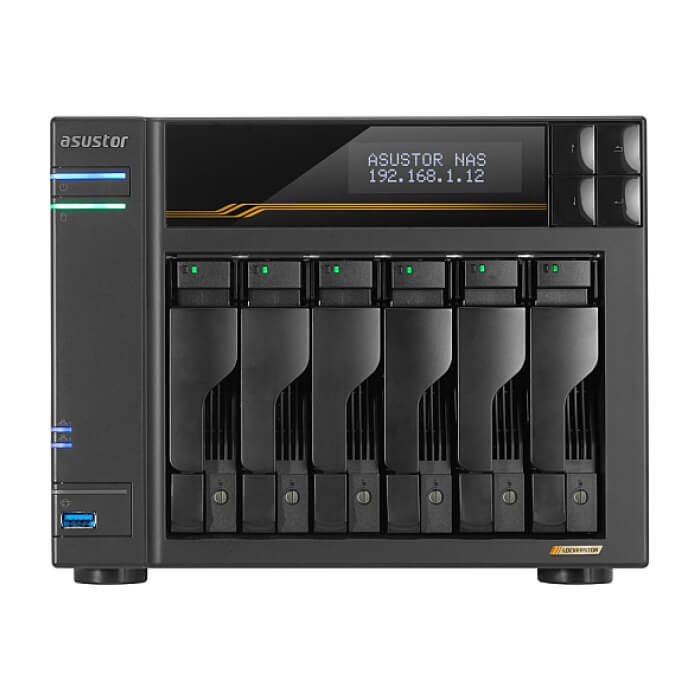 Asustor Lockerstor 6 Gen3 AS6806T 6 Bay NAS, Ryzen Embedded Quad-Core 2.3GHz CPU, Dual USB 4 Ports, Dual 10GbE Ports, Dual 5GbE Ports, 16G ECC RAM DDR5, (Max. 64GB), 4x M.2 SSD Slots (Diskless), 2 x Type C, Black на супер цена