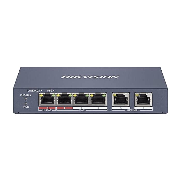 HikVision 4 Port Fast Ethernet Smart POE Switch, 4 x 100 Mbps PoE RJ45 ports, 2 x 100 Mbps network RJ45 ports, Total PoE Power Budget 60W, Up to 300 m Long Range PoE Transmission, на супер цена