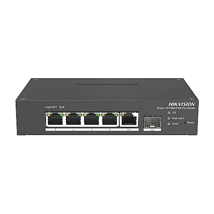 HikVision 6 Port Fast Ethernet Smart Harsh POE Switch, 4x 10/100 Mbps PoE port, 1x Gigabit RJ45 port, 1x Gigabit fiber optical port, Power Budget 60W, Up to 300 m Long Range PoE Transmission, -30 °C to 65 °C wide temperature range
