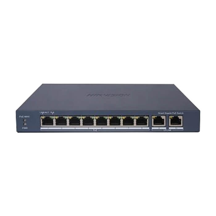 HikVision 8 Port Gigabit Smart PoE Switch, 8 x Gigabit PoE port, 2 x Gigabit RJ45 port, Total PoE Power Budget 110 W, Up to 300 m Long Range PoE Transmission, 6 kV Surge Protection на супер цена