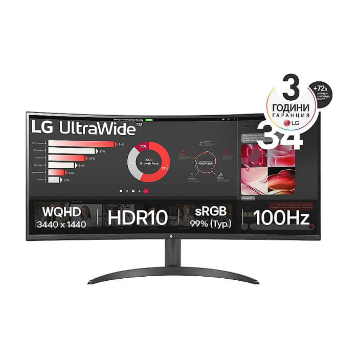 LG 34WR50QK-B, 34" UltraWide Curved, AG, VA, 5ms, 1ms MBR, 3000:1, 300 cd/m2, 21:9, WQHD 3440x1440, HDR 10, sRGB 99%, FreeSync, 100 Hz, HDMI, DisplayPort, Tilt, Reader Mode, PBP, Headphone Out, Black ID 81187