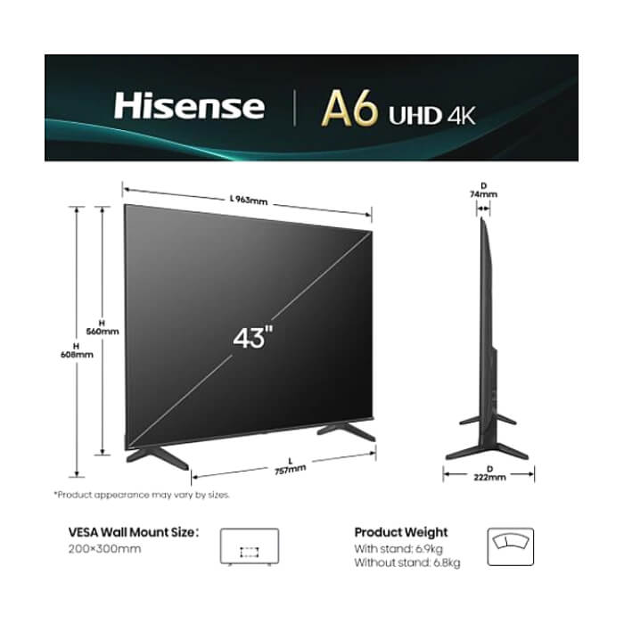 Hisense 43" A6Q, 4K Ultra HD 3840x2160, DLED, DFA, Precision Colour, HDR 10+, HLG, Dolby Vision,Light sensor, Smart TV, WiFi, BT, AnyView Cast, Gaming Mode, 1xHDMI2 eArc, 3xHDMI, 2xUSB, LAN, CI+, DVB-T2/C/S2, Black ID 89925 (тъмнейл - 2)