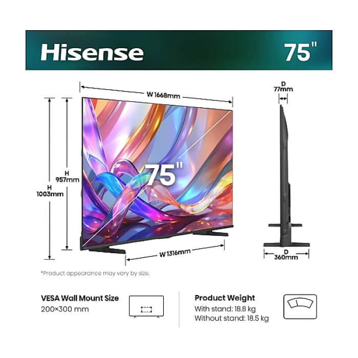 Hisense 75" E7S, 4K Ultra HD 3840x2160, QLED, Quantum Dot, HDR 10+, HLG, Dolby Vision, DTS Virtual X, Smart TV, Light Sensor, WiFi Direct, BT, Anyview Cast, 3xHDMI, 2xUSB, LAN ID 97414 (тъмнейл - 2)