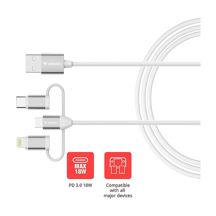 Verbatim Sync & Charge Cable 3-in-1 USB-A to Micro-B/USB-C/Lightning 18W 100cm - White на супер цена