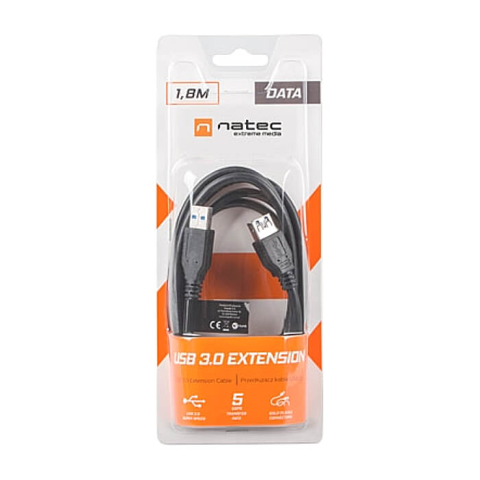 Кабел - Natec Cable Extreme Media USB-A M/F 3.0 CABLE 1.8M Black ID 72121 (тъмнейл - 2)