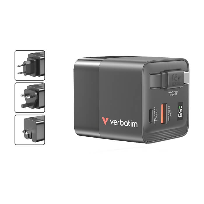Verbatim Mini GaN Charger 65W 2 Port retractable cable display US plugs with EU and UK adaptors ID 85397 (тъмнейл - 4)
