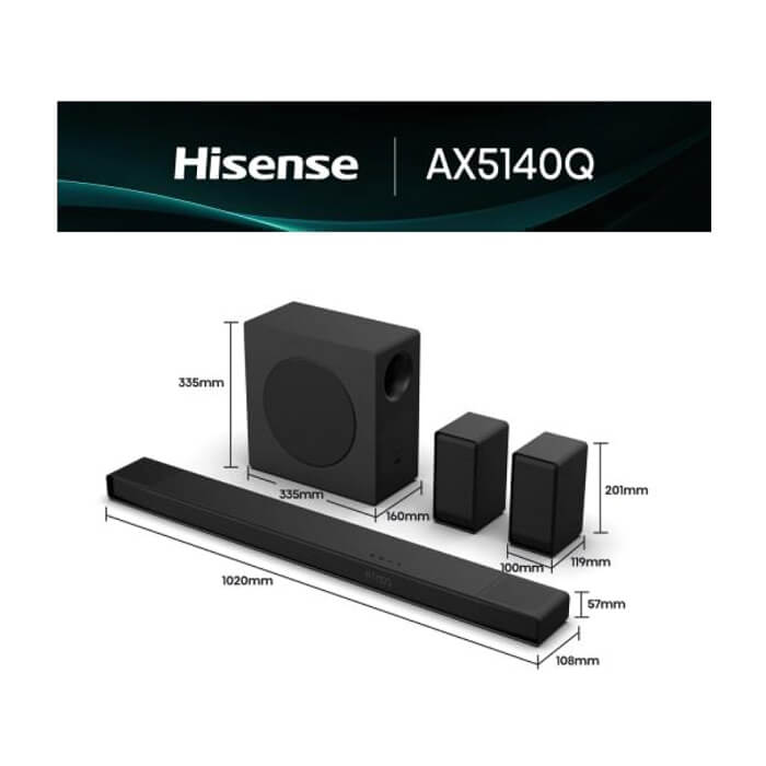 Hisense AX5140Q, 5.1.4Ch Sound Bar with Wireless Subwoofer, 600W, Dolby Atmos, Bluetooth 5.3, 4K HDMI Pass Through, DTS:X, HDMI/AUX/ARC/Optical/USB, 7 EQ Modes, Black (тъмнейл - 2)