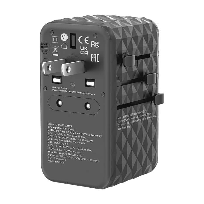 Verbatim UTA-06 GaN III Universal Travel Adapter with 2 x USB-C PD 100W & QC 4+ / 2 x USB-A QC 3.0 (тъмнейл - 4)