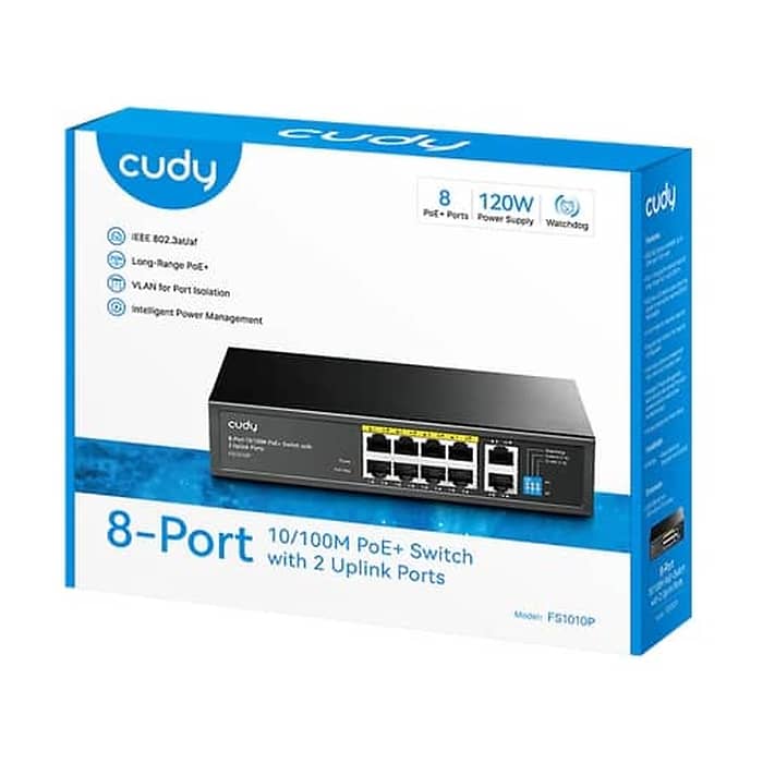 Cudy FS1010P 8-Port 10/100M PoE+ Switch with 2 Uplink Ports 120W 8-Port 10/100M PSE RJ-45 +2 RJ45 10/100M Uplink Port Unmanaged PoE+ Switch, Steel Case, 120W Internal Power Supply (тъмнейл - 2)