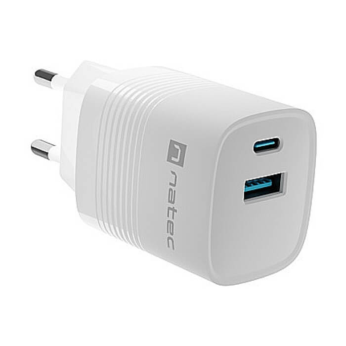Natec USB Charger Ribera Gan 1X USB-A + 1X USB-C 30W, White (тъмнейл - 3)