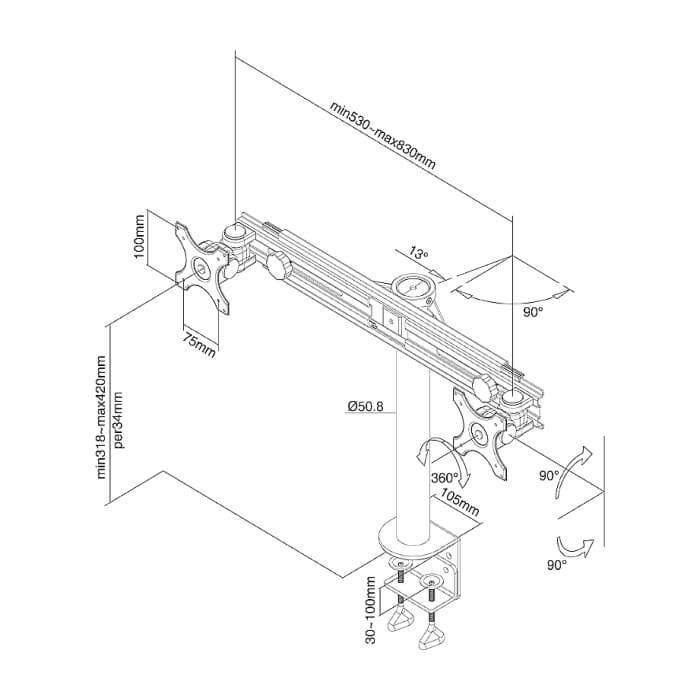 Neomounts by NewStar Flat Screen Desk Mount (clamp) for 2 Monitor Screens ID 66820 (тъмнейл - 3)