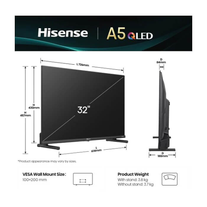 Hisense 32" A5Q, Full HD 1920x1080, QLED, Quantum Dot, HDR, HLG, DTS HD, Light Sensor, Dolby Audio, Smart TV, WiFi, WiFi Direct, 2xHDMI, 2xUSB, LAN, CI+, DVB-T2/C/S2, Black ID 89372 (тъмнейл - 2)