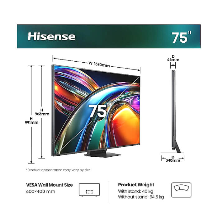 Hisense 75" UR9S, 4K Ultra HD 3840x2160, RGB Mini Led , DLED, Quantum Dot, 180Hz, IPS, HDR 10+, HLG, Dolby Vision IQ, Dolby Atmos, Smart TV,Light Sensor,WiFi 6eGHz, WiFi Direc ID 97348 (тъмнейл - 2)