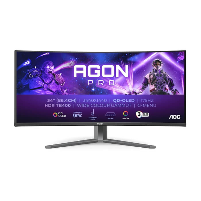 AOC AG346UCD, 34" Curved 1800R QD-OLED, 3440x1440@175Hz, 0.03msGtG, 1000 cd/m2, 1.5M:1, 80M:1DCR, Adaptive Sync, FlickerFree, Low Blue Light, 8Wx2, Tilt, Height Adjust, Swivel, 2xHDMI, DP, USB hub ID 85254 (тъмнейл - 2)