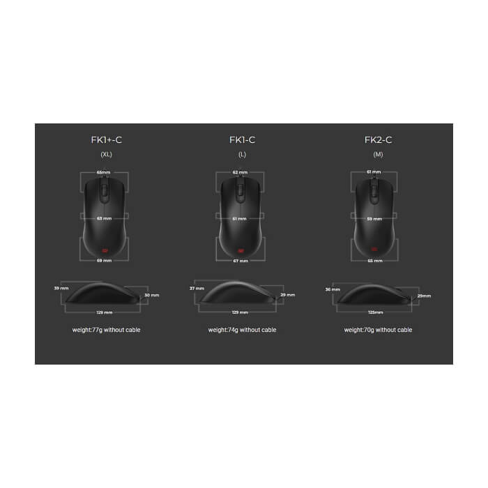 BenQ ZOWIE FK1+-C Mouse for Esports, Size XL, Edition C, 3360 sensor, 77g, DPI 400 / 800 / 1600 / 3200, Symmetrical design, Low profile, Reduced weight, Paracord cable, 24-step scr (тъмнейл - 2)