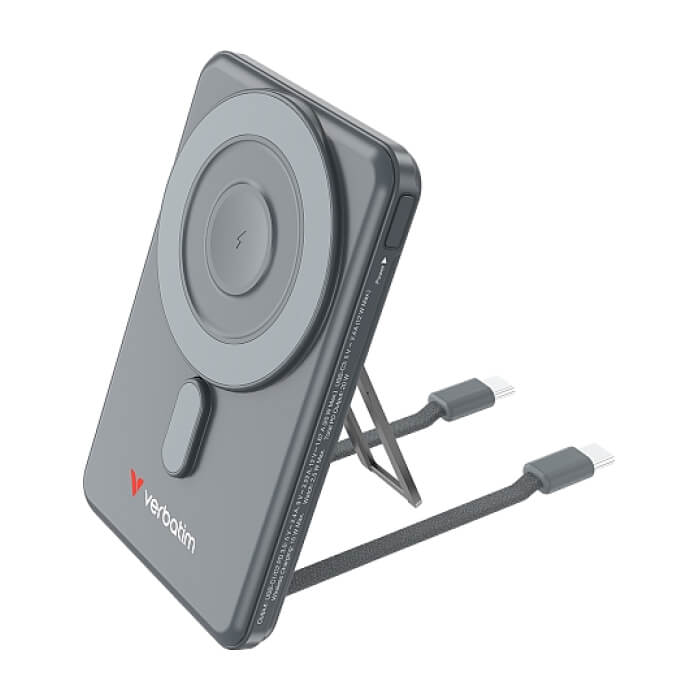 Verbatim Charge 'n' Go 2C Power Bank Magnetic Wireless 5000mAh with 2 USB-C Cables & Stand Grey ID 97028 (тъмнейл - 2)