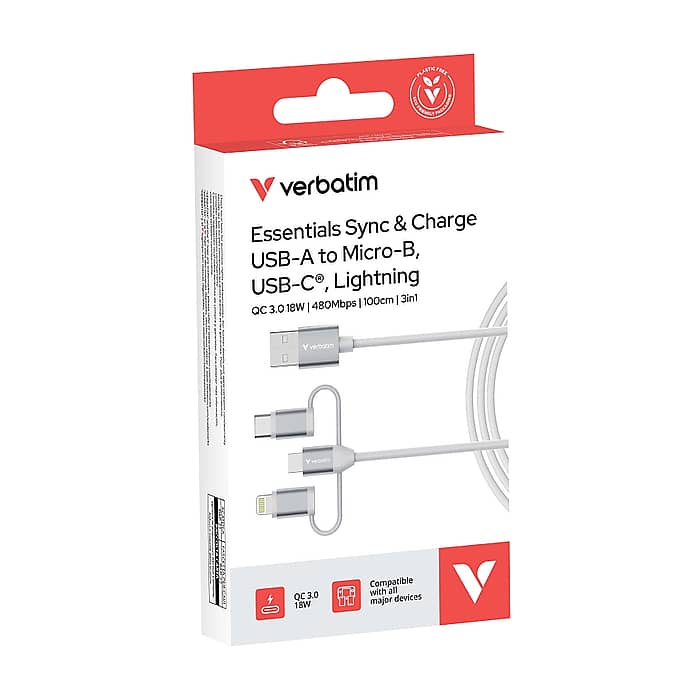 Verbatim Sync & Charge Cable 3-in-1 USB-A to Micro-B/USB-C/Lightning 18W 100cm - White (тъмнейл - 5)