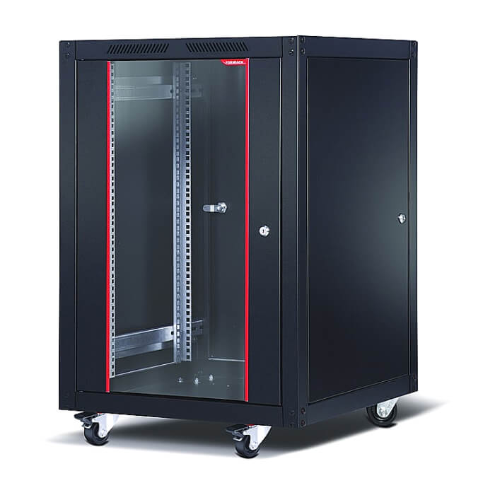 Formrack 19" Free standing rack 20U 600/1000mm, height: 1118 mm, loading capacity: 600 kg, front tempered glass door, openable locking sides and back (does not include castor/feet group) ID 71972