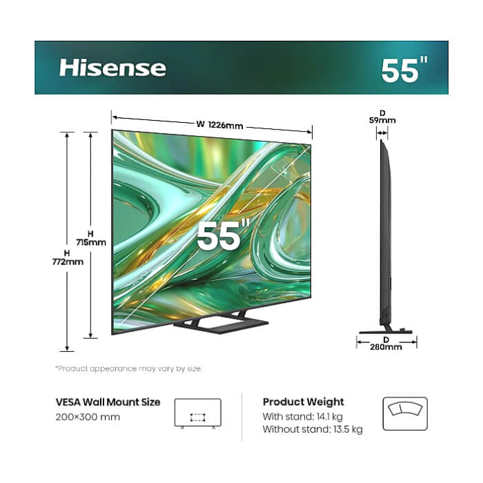 Hisense 55" E8S, 4K Ultra HD 3840x2160, ULED, Quantum Dot,144 Hz,HDR 10+, HLG, Dolby Vision, DTS Virtual X, Smart TV, WiFi, Light Sensor, BT, Anyview Cast, 4xHDMI, 2xUSB, LAN, ID 97356 (тъмнейл - 2)