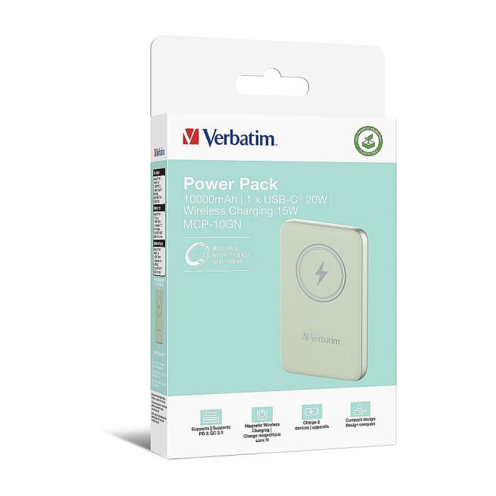Verbatim MCP-10GN Power Pack 10000 mAh with UBS-C® PD 20W / Magnetic Wireless Charging 15W Green ID 75113 (тъмнейл - 4)