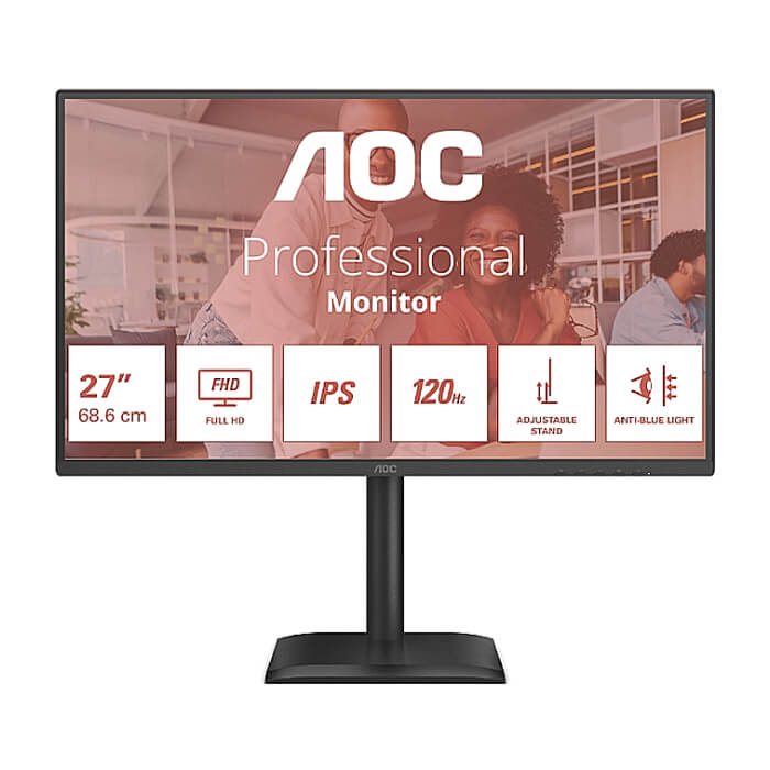 AOC 27E4U, 27" IPS WLED, 1920x1080@120Hz, 4ms GtG, 300cd m/2, 1500:1, 20M:1 DCR, Adaptive Sync, FlickerFree, Anti Blue Light, 2Wx2, Tilt, Height Adjust, Pivot, Swivel, D-SUB, HDMI, USB Hub ID 89872 на супер цена
