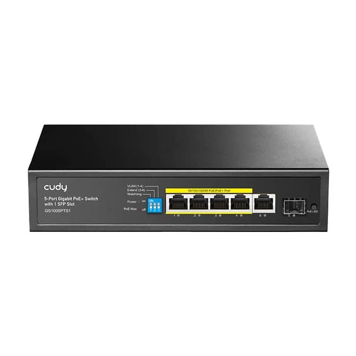 Cudy GS1005PTS1 5-Port Gigabit PoE+ Switch with 1 SFP Port 120W5-Port 10/100/1000M PoE+ Switch 120W, 4-Port 10/100/1000M PoE+ ports, Fanless, 120W Internal Power Supply на супер цена от GT Computers Cudy GS1005PTS1 5-Port Gigabit PoE+ Switch with 1 SFP Port 120W5-Port 10/100/1000M PoE+ Switch 120W, 4-Port 10/100/1000M PoE+ ports, Fanless, 120W Internal Power Supply на супер цена