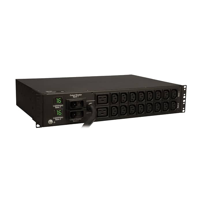 Tripp Lite by Eaton 7.4kW Single-Phase Local Metered PDU, 230V Outlets (2-C19, 16-C13), IEC-309 230V 32A Blue, 12 ft. (3.66 m) Cord, 2U Rack-Mount, TAA