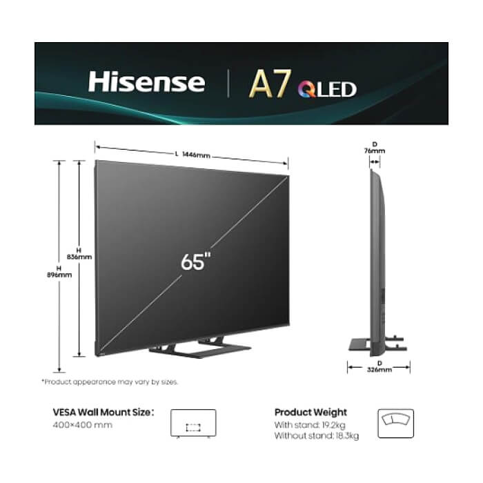Hisense 65" A7Q, 4K Ultra HD 3840x2160, QLED, HDR 10+, HLG, Dolby Vision, Dolby Atmos, Smart TV, Light Sensor, WiFi Direct, BT, Anyview Cast, 3xHDMI, 2xUSB, LAN, CI+, DVB-T2/C/S2, Black ID 89435 (тъмнейл - 2)