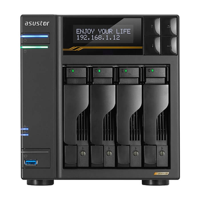Asustor Lockerstor 4 Gen3 AS6804T 4 Bay NAS, AMD Ryzen Embedded Quad-Core 2.3GHz (burst up to 3.8GHz), Dual USB 4 Ports, Dual 10GbE Ports, Dual 5GbE Ports, 16G ECC RAM DDR5 (Max. 64GB) 4x M.2 SSD Slots (Diskless), 2 x Type C, Black на супер цена