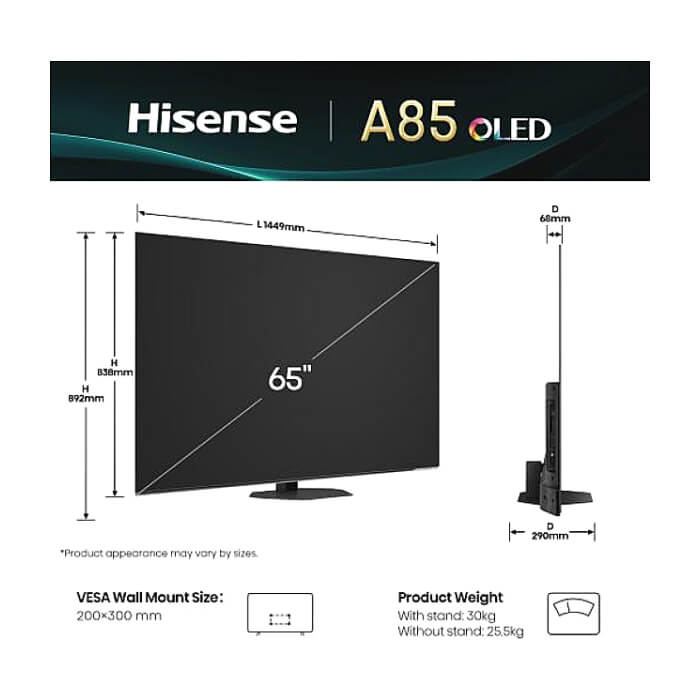 Hisense 65" A85Q, 4K UHD OLED Smart TV, 120Hz, 1000 nits,HDMI 2.1, Game Mode Pro, AMD FreeSync Premium, Dolby Vision IQ & Atmos, Bluetooth, Alexa Built-in, Black ID 92404 (тъмнейл - 2)