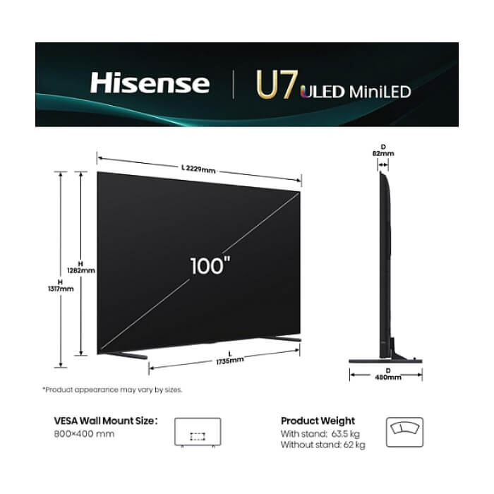 Hisense, 100'' U7Q,ULED Smart, FALD, 165Hz, 5000:1,Quantum Dot, Dolby vision IQ,Vidaa, ADS, Black ID 91741 (тъмнейл - 2)