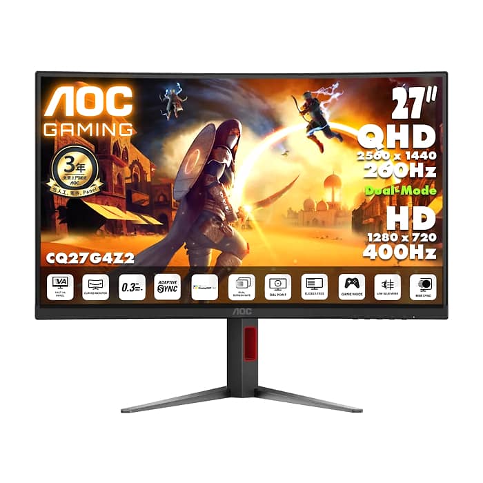 AOC CQ27G4Z2, 27" Curved 1500R, Fast VA, WLED, 2560x1440@260Hz (OC, Native 240Hz), 1ms GtG, 0.5ms MPRT, 400cd m/2, 3000:1, 80M:1 DCR, Adaptive Sync, FlickerFree, Anti-Blue Light, Tilt, Height Adjust, Swivel, 2xHDMI, DP на супер цена от GT Computers AOC CQ27G4Z2, 27" Curved 1500R, Fast VA, WLED, 2560x1440@260Hz (OC, Native 240Hz), 1ms GtG, 0.5ms MPRT, 400cd m/2, 3000:1, 80M:1 DCR, Adaptive Sync, FlickerFree, Anti-Blue Light, Tilt, Height Adjust, Swivel, 2xHDMI, DP на супер цена