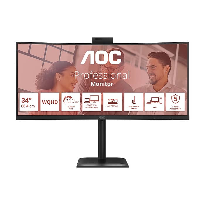 AOC CU34E4CW, 34" Curved 1500R, VA, WLED, 3440x1440@120Hz, 4ms GtG, 1ms MPRT, 350cd m/2, 3500:1, 50M:1 DCR, Adaptive Sync, FlickerFree, Anti-Blue Light, 5Wx2, Webcam 5MP, Tilt, Height Adjust, Swivel, 2xHDMI, DP, USB hub, KVM, RJ45 на супер цена от GT Computers AOC CU34E4CW, 34" Curved 1500R, VA, WLED, 3440x1440@120Hz, 4ms GtG, 1ms MPRT, 350cd m/2, 3500:1, 50M:1 DCR, Adaptive Sync, FlickerFree, Anti-Blue Light, 5Wx2, Webcam 5MP, Tilt, Height Adjust, Swivel, 2xHDMI, DP, USB hub, KVM, RJ45 на супер цена